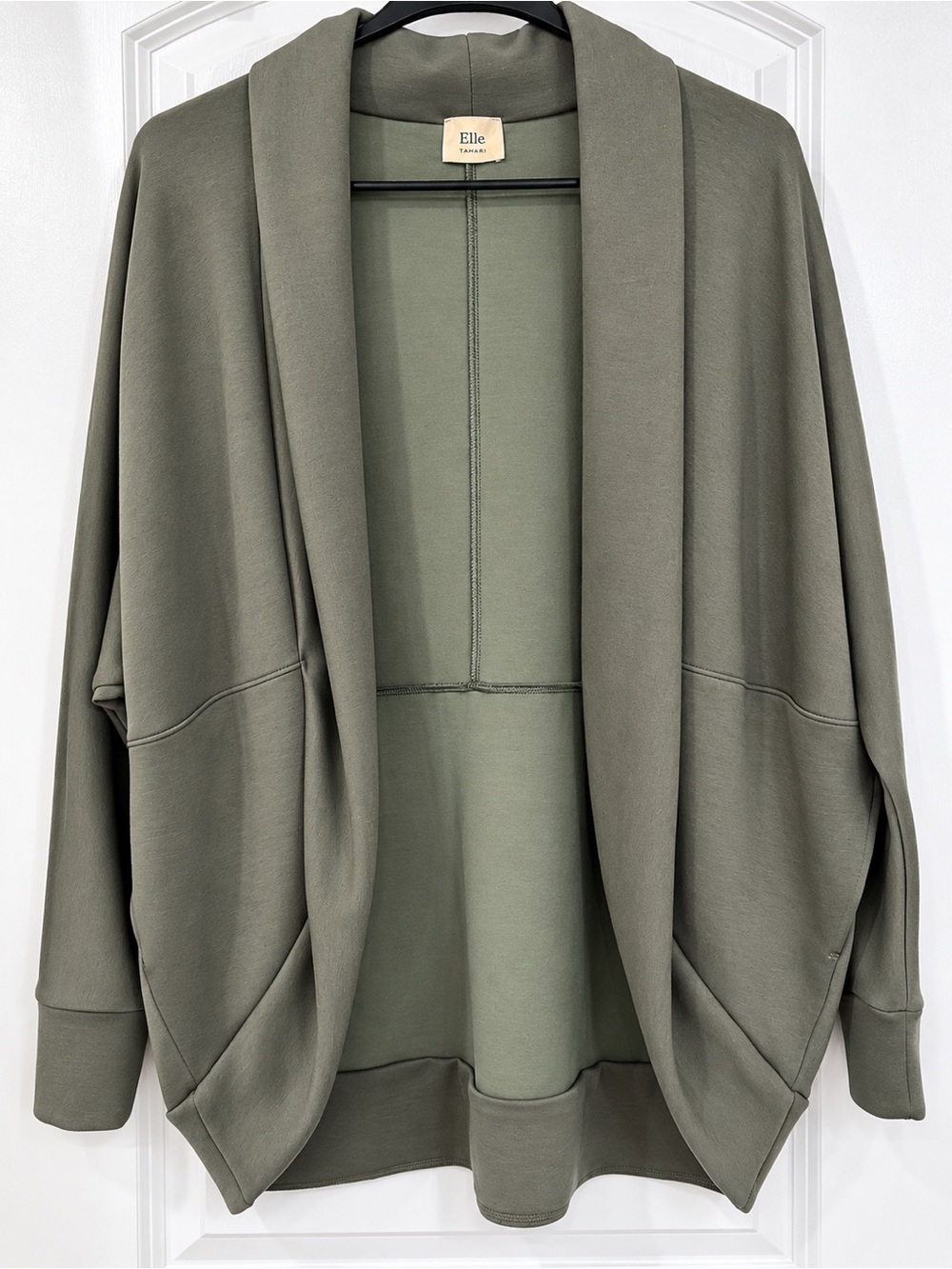 Tahari Olive Green Open-Front Shawl Collar Cardigan